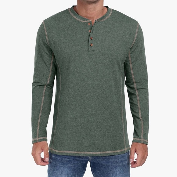 💙 Men's Green Henley Shirt - Picture 2 of 6